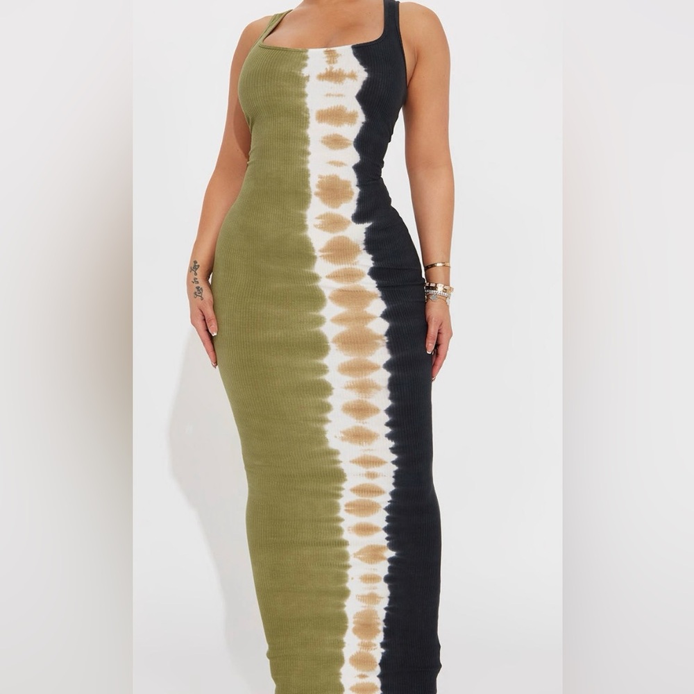 Fashion Nova Olive and Black Tie-Dye Maxi Dress